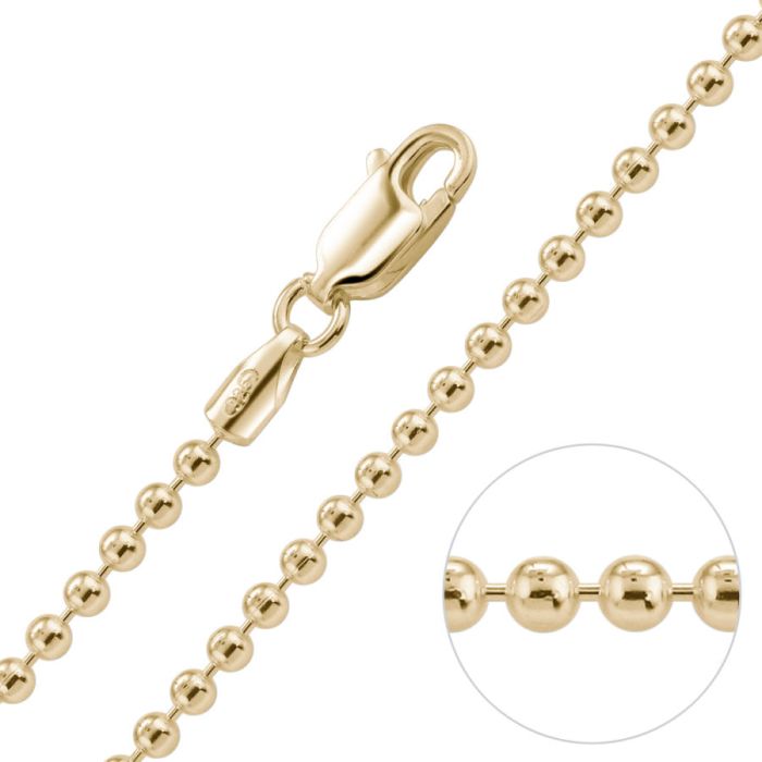 Yellow Gold Plated Sterling Silver 2mm Ball Bead Link Bracelet with Chain