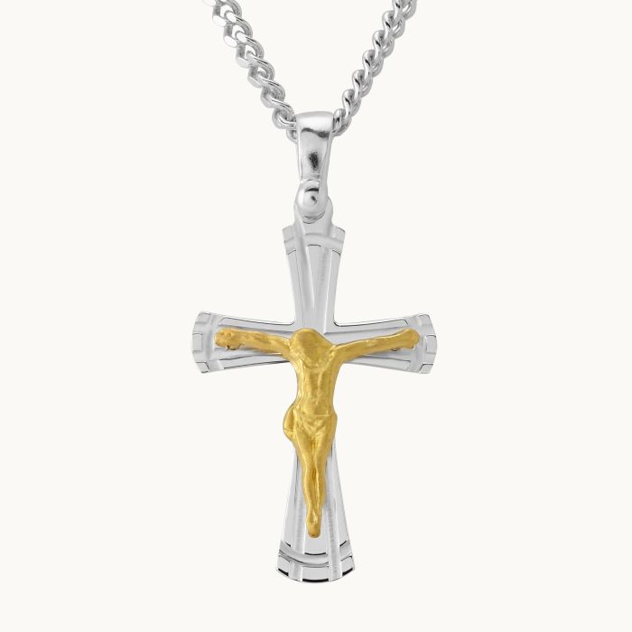 Gold Plated on Sterling Silver Byzantine Crucifix Cross Necklace