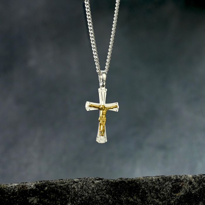 Gold Plated on Sterling Silver Byzantine Crucifix Cross Necklace