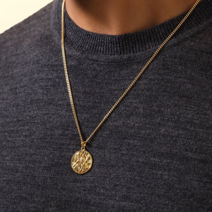 Gold plated Sterling Silver  20mm Round St Christopher Necklace with Curb Chain