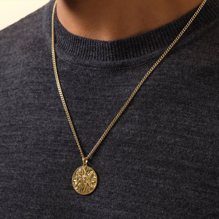 Gold plated Sterling Silver  24mm Round St Christopher Necklace with Curb Chain