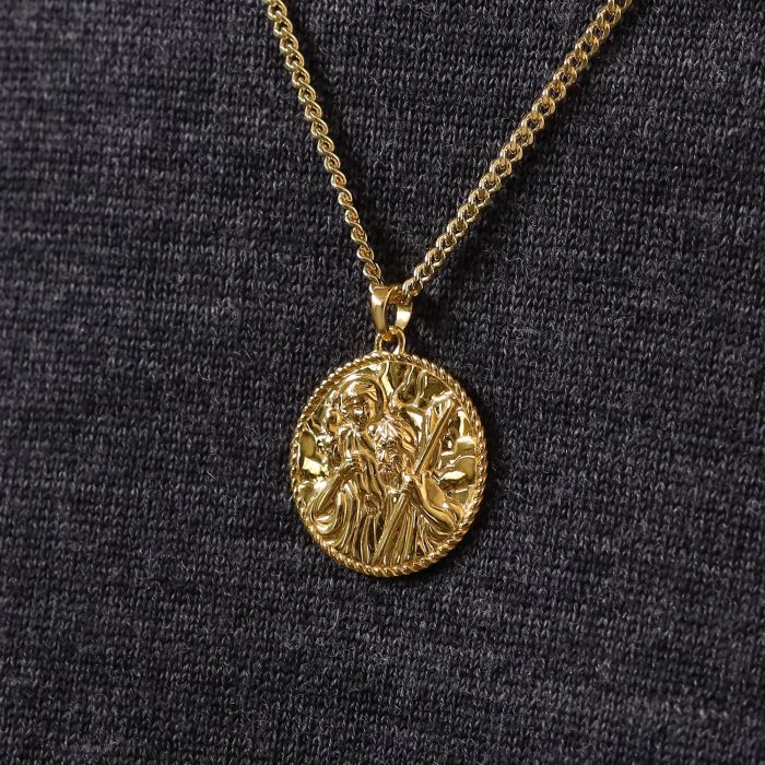 Gold plated Sterling Silver  24mm Round St Christopher Necklace with Curb Chain