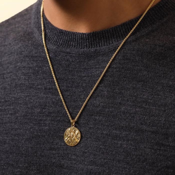 Gold plated Sterling Silver  20mm Round St Christopher Necklace with Spiga Chain