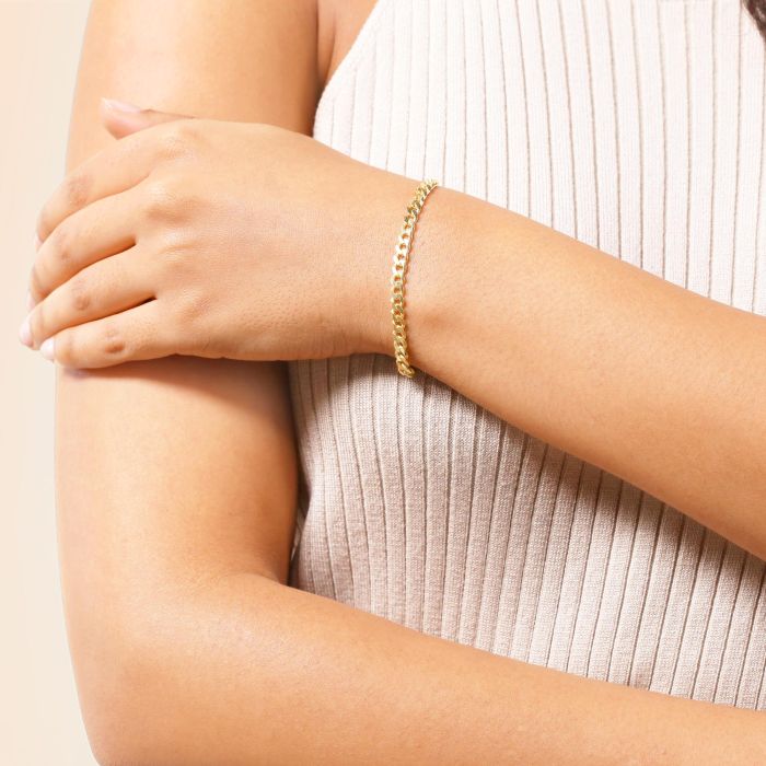 9ct Gold Plated Sterling Silver 4.3mm Diamond Cut Curb Bracelet with Chain