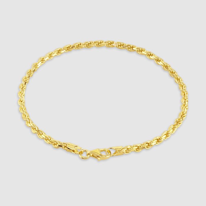 9ct Yellow Gold Plated Sterling Silver 2.8mm Diamond Cut Rope Bracelet 