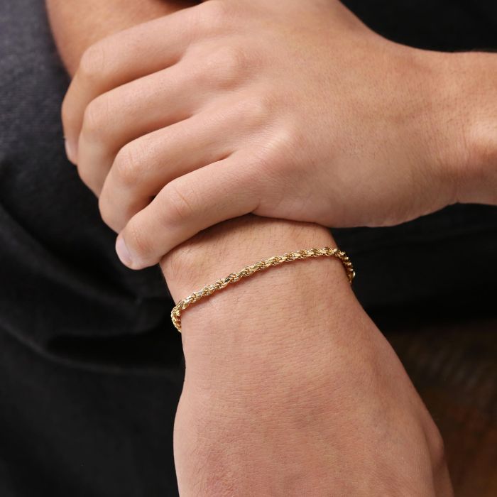 9ct Yellow Gold Plated Sterling Silver 3.3mm Diamond Cut Rope Bracelet with Chain