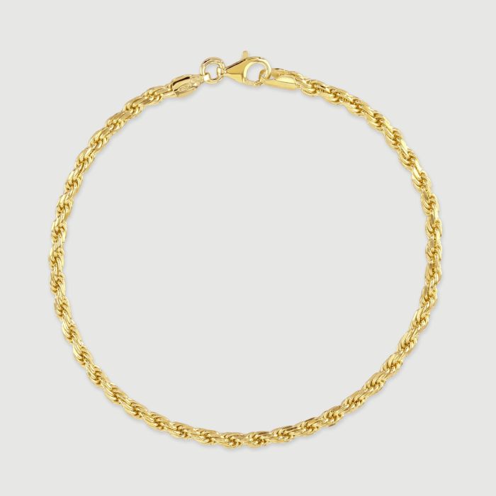 9ct Yellow Gold Plated Sterling Silver 2.8mm Diamond Cut Rope Bracelet 