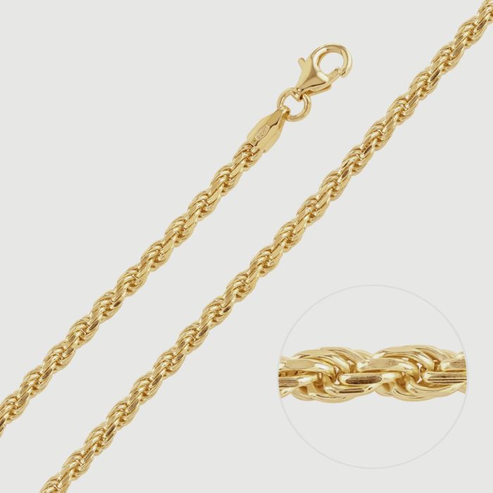 9ct Yellow Gold Plated Sterling Silver 3.3mm Diamond Cut Rope Bracelet with Chain