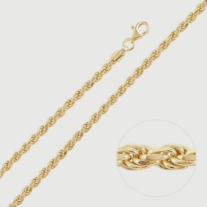 9ct Yellow Gold Plated Sterling Silver 2.8mm Diamond Cut Rope Bracelet with Chain