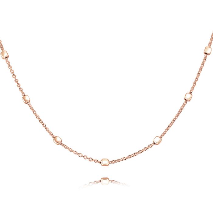 Rose Gold Plated Sterling Silver 1.2mm Cable Chain Bobble Necklace With Cube Beads