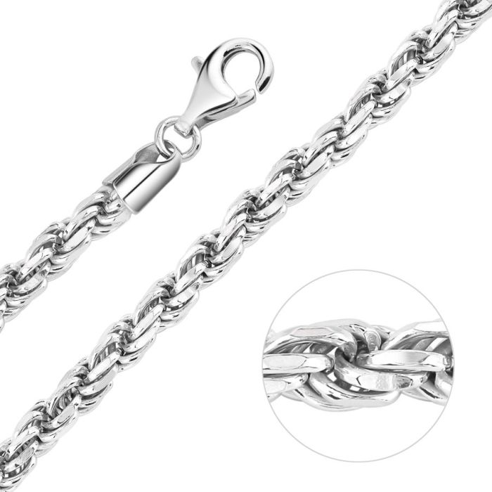 Sterling Silver 4.7mm Diamond Cut Rope Link Bracelet with Chain