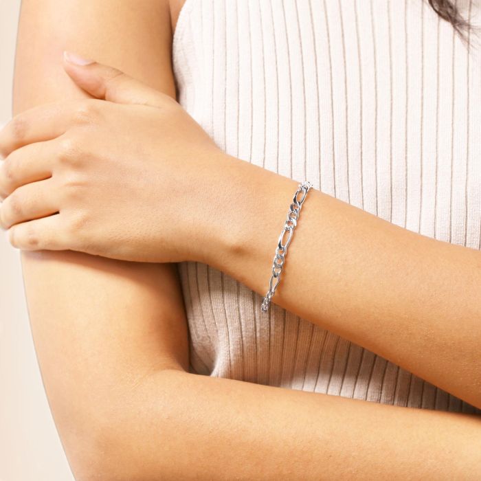Sterling Silver 5.7mm Diamond Cut Figaro Link Bracelet with Chain