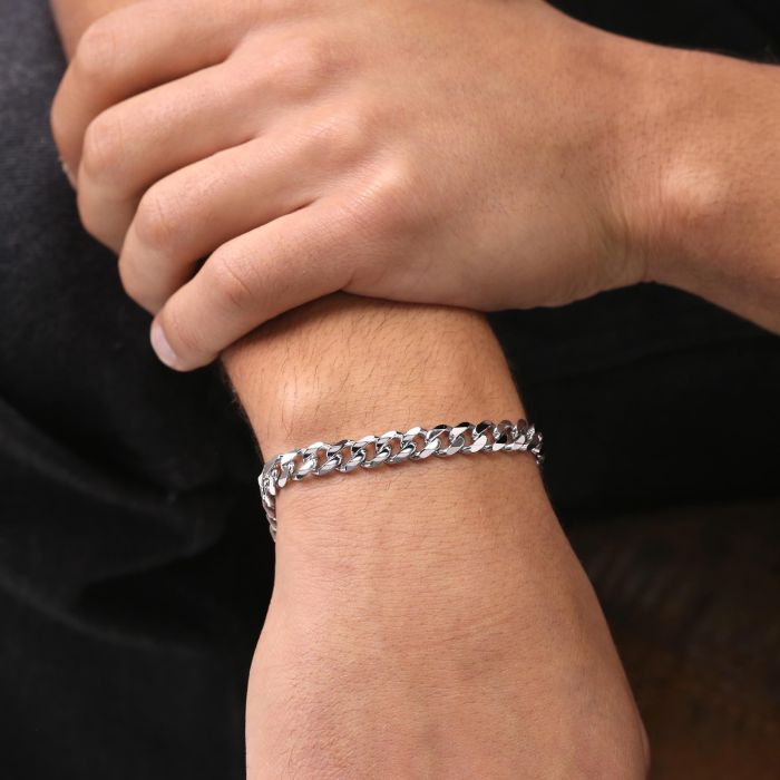 Sterling Silver 7.3mm Diamond Cut Curb Link Bracelet with Chain
