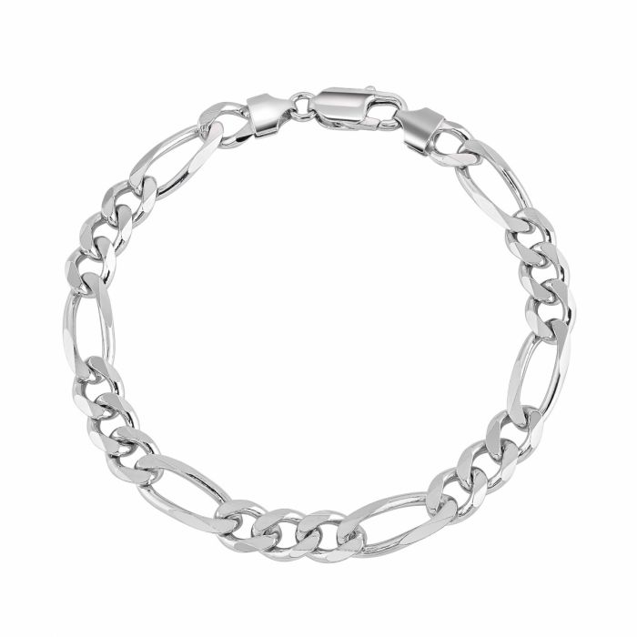 Sterling Silver 7.6mm Diamond Cut Figaro Link Bracelet with Chain