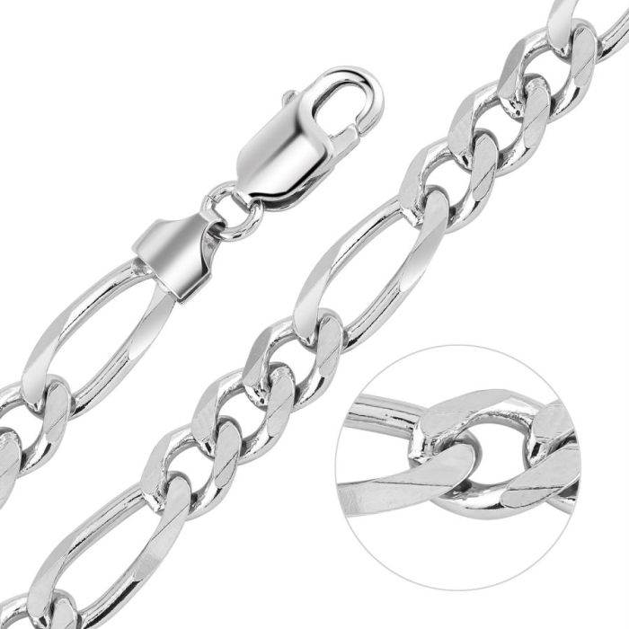 Sterling Silver 7.6mm Diamond Cut Figaro Link Bracelet with Chain