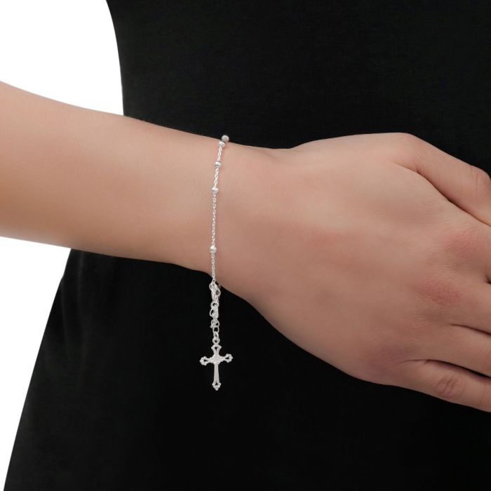 Sterling Silver Rosary Cross Beaded Trace Bracelet Extendable