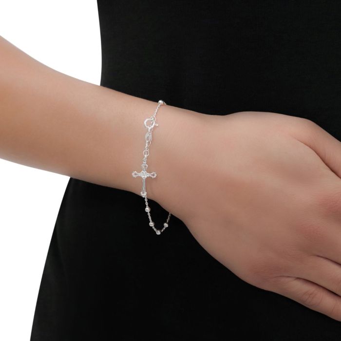 Sterling Silver Rosary Cross Beaded Trace Bracelet Extendable