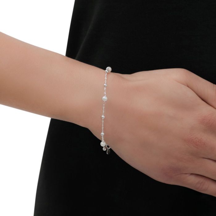 Sterling Silver Faux Pearl Beaded Charm Extendable Bracelet