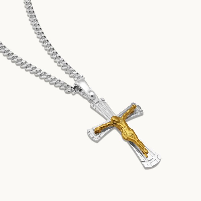 Gold Plated on Sterling Silver Byzantine Crucifix Cross Necklace