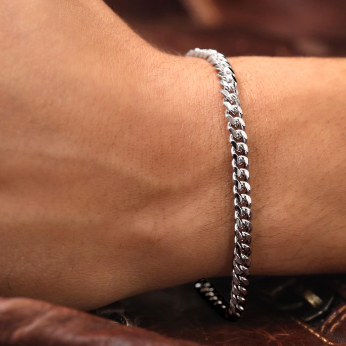 Sterling Silver 4.9mm Diamond Cut Cuban Bracelet with Chain