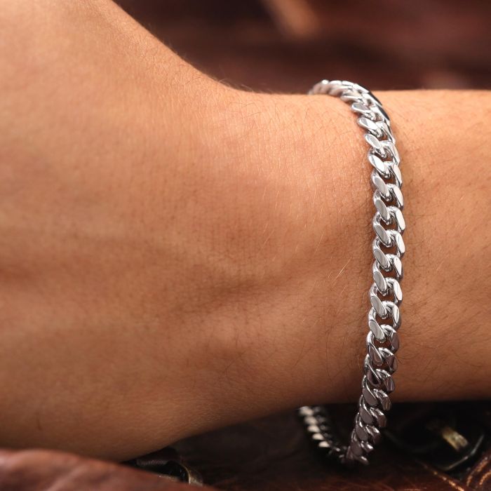 Sterling Silver 6.3mm Diamond Cut Cuban Bracelet with Chain