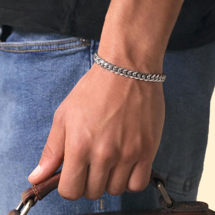 Sterling Silver 7mm Diamond Cut Cuban Bracelet with Chain