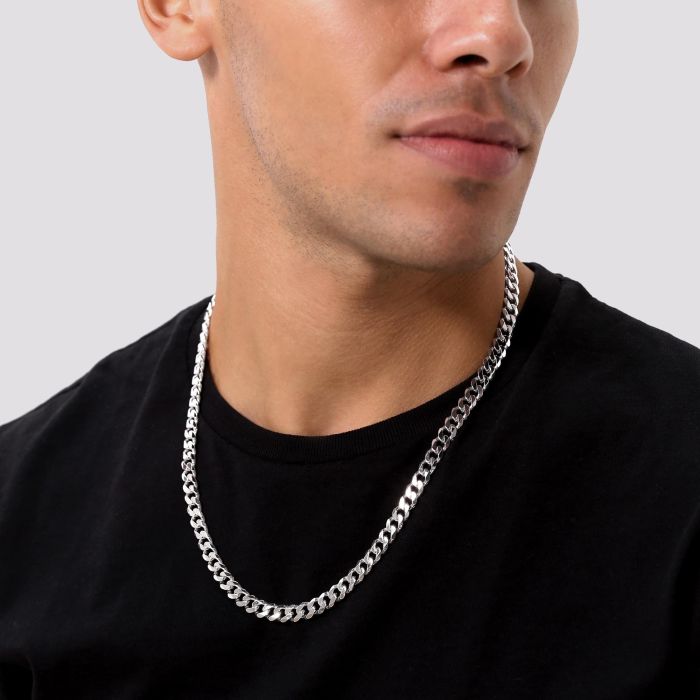 Sterling Silver 7.3mm Diamond Cut Curb Link Bracelet with Chain