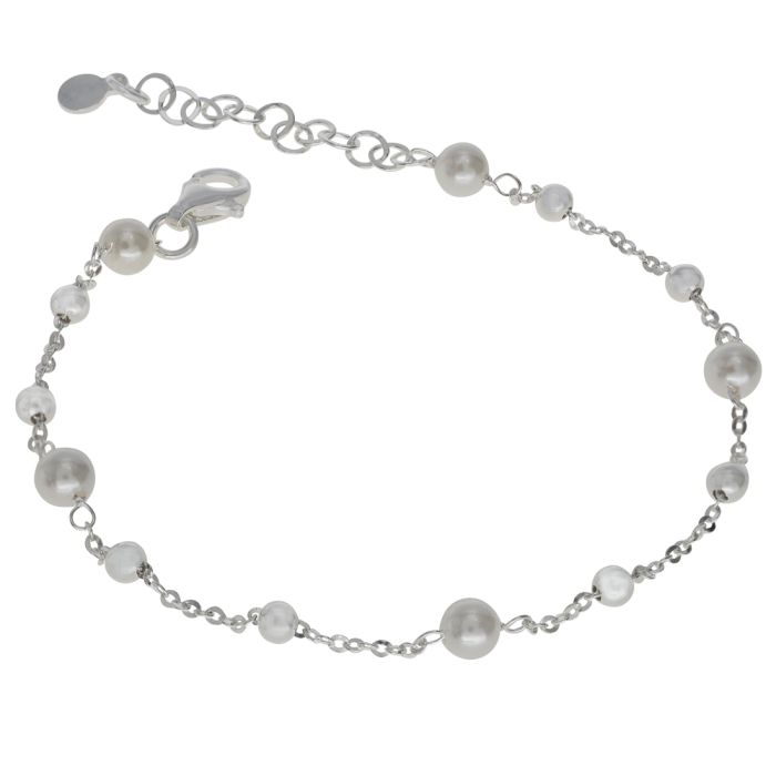 Sterling Silver Faux Pearl Beaded Charm Extendable Bracelet