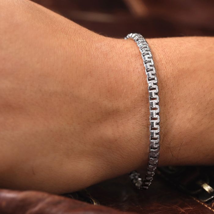 Sterling Silver 4.6mm Greek Box Pave Bracelet with Chain