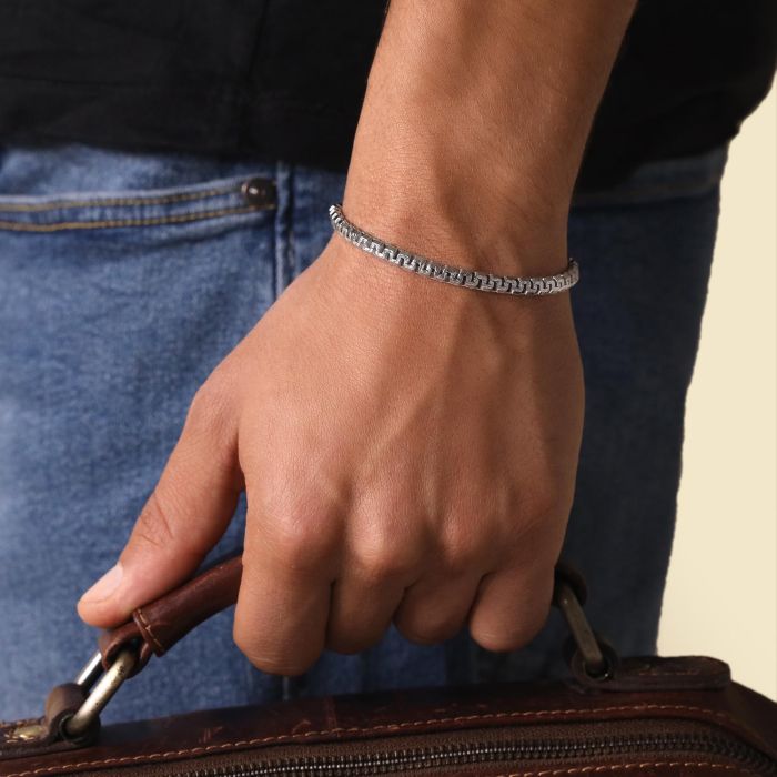 Sterling Silver 4.6mm Greek Box Pave Bracelet with Chain