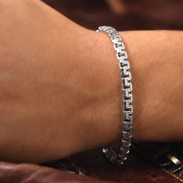 Sterling Silver 5.4mm Greek Box Pave Bracelet with Chain
