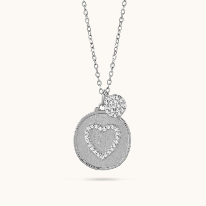 Sterling Silver Cubic Zirconia Heart Disc Necklace