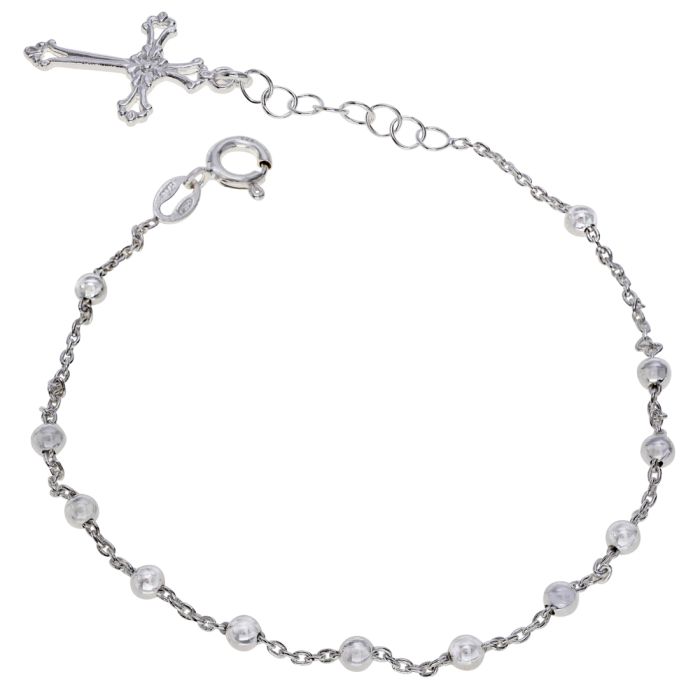 Sterling Silver Rosary Cross Beaded Trace Bracelet Extendable