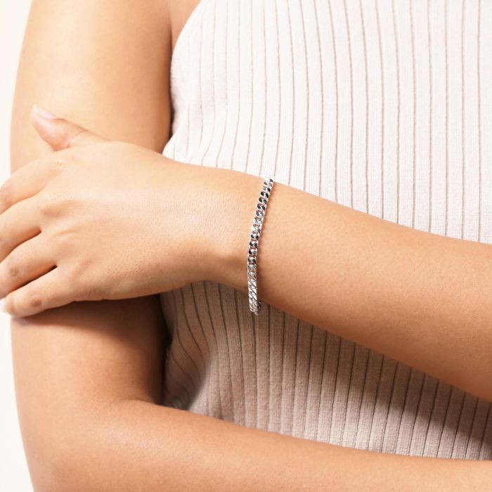 Sterling Silver 4.2mm Diamond Cut Square Curb Bracelet with Chain