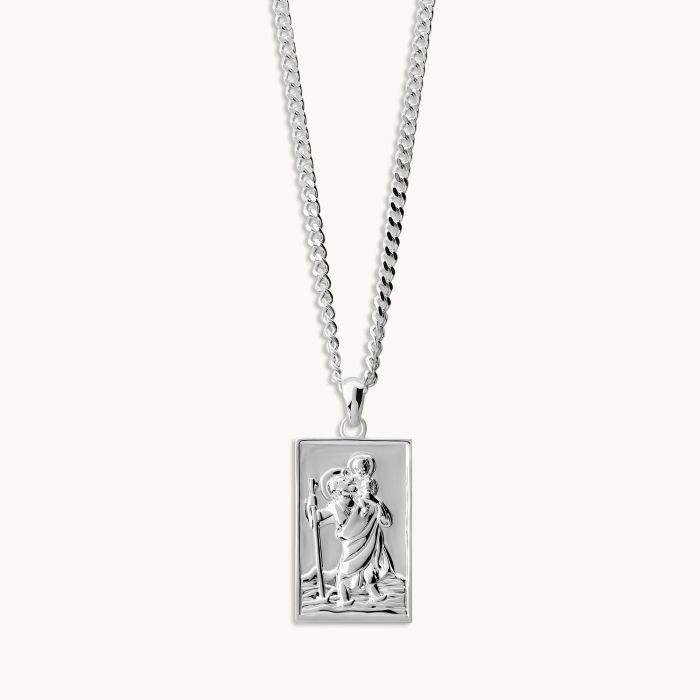 Sterling Silver Large Rectangle St Christopher Necklace