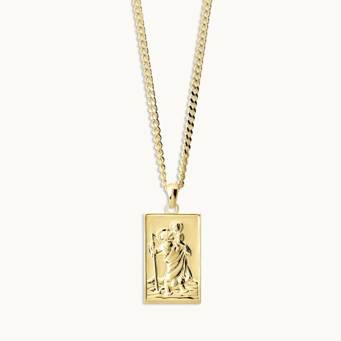 Gold Plated Sterling Silver Large Rectangle St Christopher Necklace