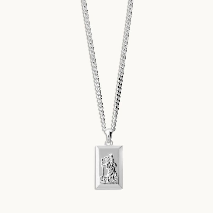 Sterling Silver Medium Rectangle St Christopher Necklace