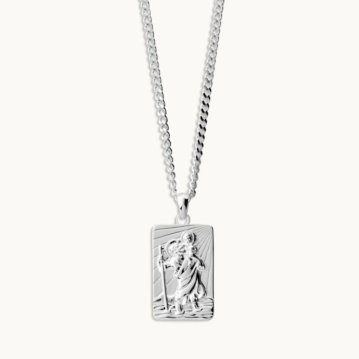 Sterling Silver Large Rectangle St Christopher Necklace