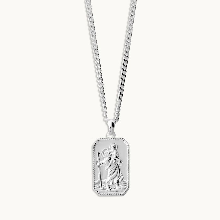 Sterling Silver Large Rectangle St Christopher Necklace