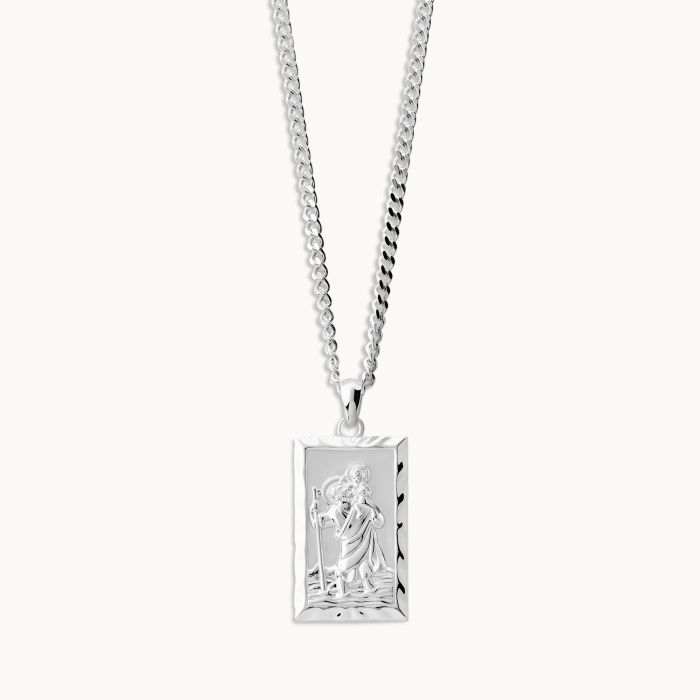 Sterling Silver Large Rectangle St Christopher Necklace