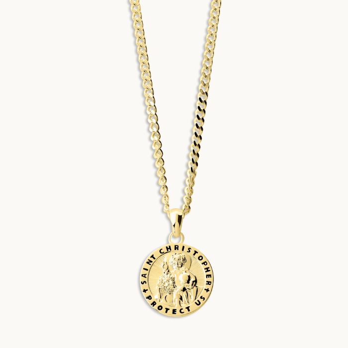 Gold Plated Sterling Silver 16mm Round St Christopher Necklace