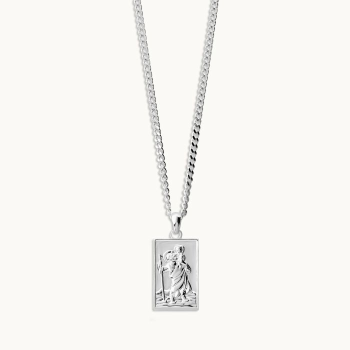 Sterling Silver Medium Rectangle St Christopher Necklace