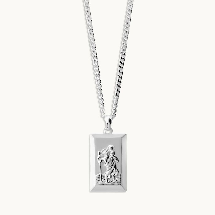 Sterling Silver Large Rectangle St Christopher Necklace