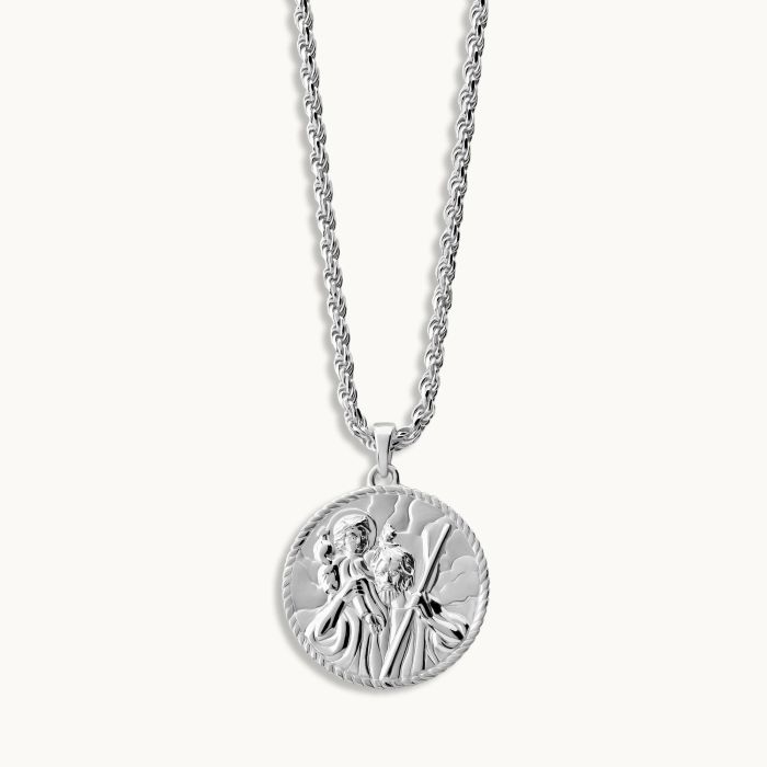 Sterling Silver 24mm Round St Christopher Necklace with Rope Chain