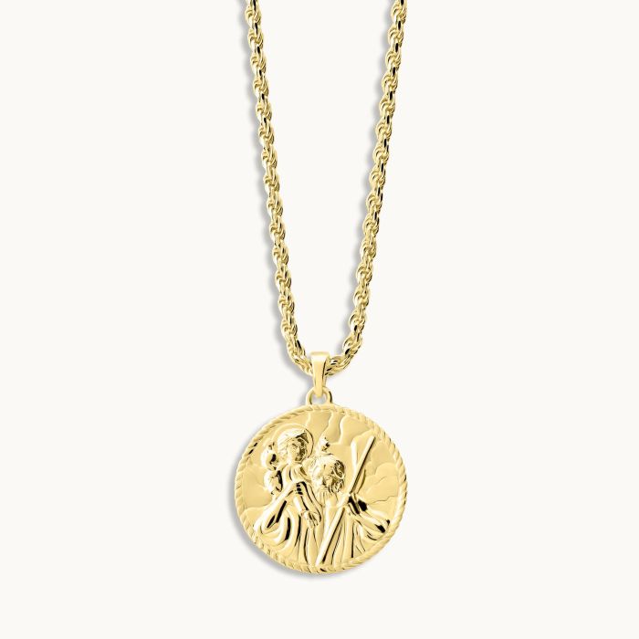 Gold plated Sterling Silver  24mm Round St Christopher Necklace with Rope Chain