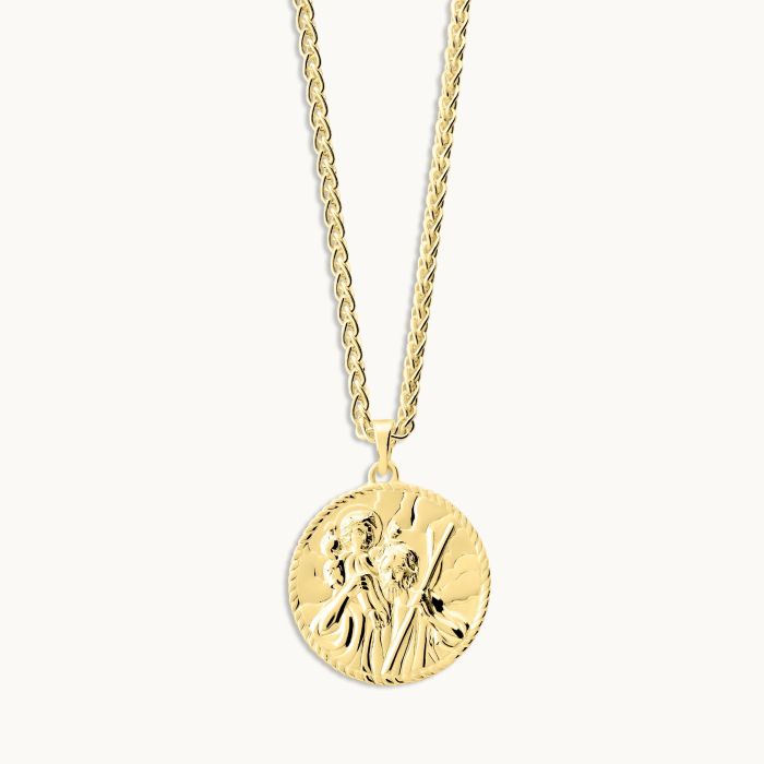 Gold plated Sterling Silver  24mm Round St Christopher Necklace with Spiga Chain