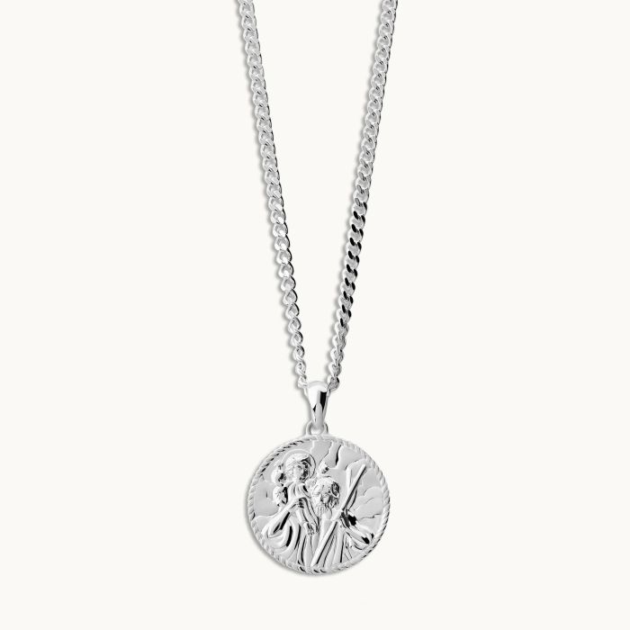 Sterling Silver 20mm Round St Christopher Necklace with Curb Chain