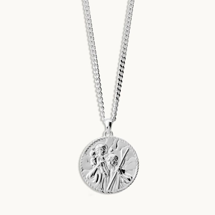 Sterling Silver 24mm Round St Christopher Necklace with Curb Chain