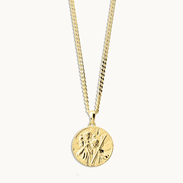 Gold plated Sterling Silver  20mm Round St Christopher Necklace with Curb Chain