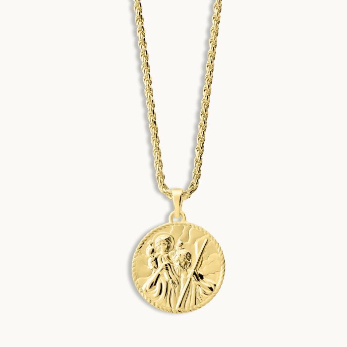 Gold plated Sterling Silver  20mm Round St Christopher Necklace with Rope Chain